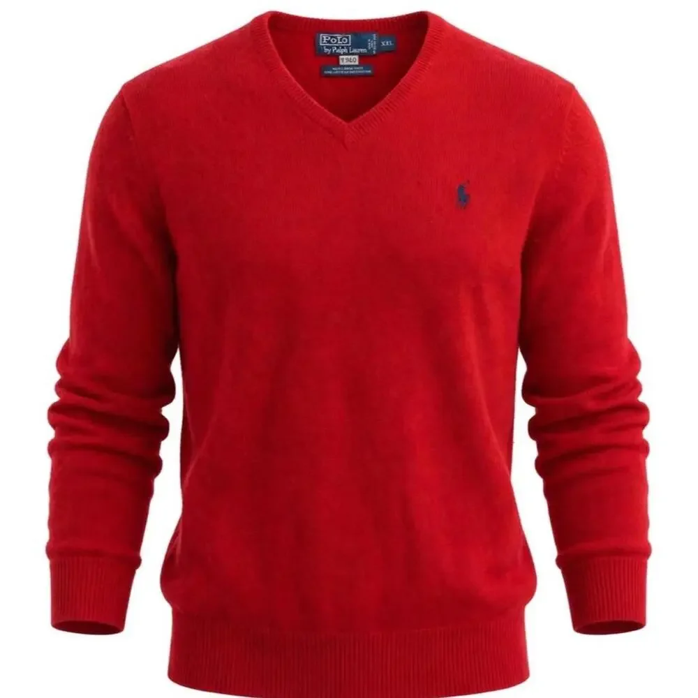 Polo Ralph Lauren Sweater Mens XXL Red V-Neck 100% Lambs Wool Italian Yarn Pony